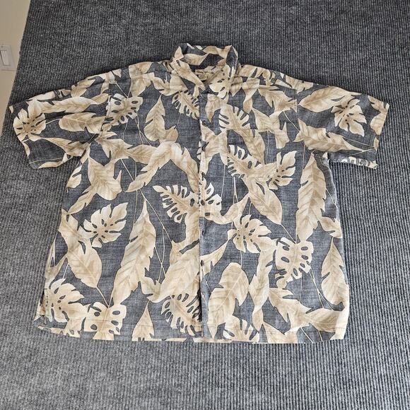 Panama Jack Shirt Mens 2XL Gray Tan Hawaiian Tropical Button Front Ramie - Picture 1 of 13